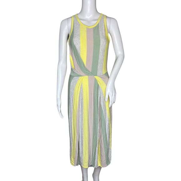 Lou & Grey Dress Women Small‎ Gray Yellow Striped Jersey Knit Midi Office Casual - Picture 1 of 8